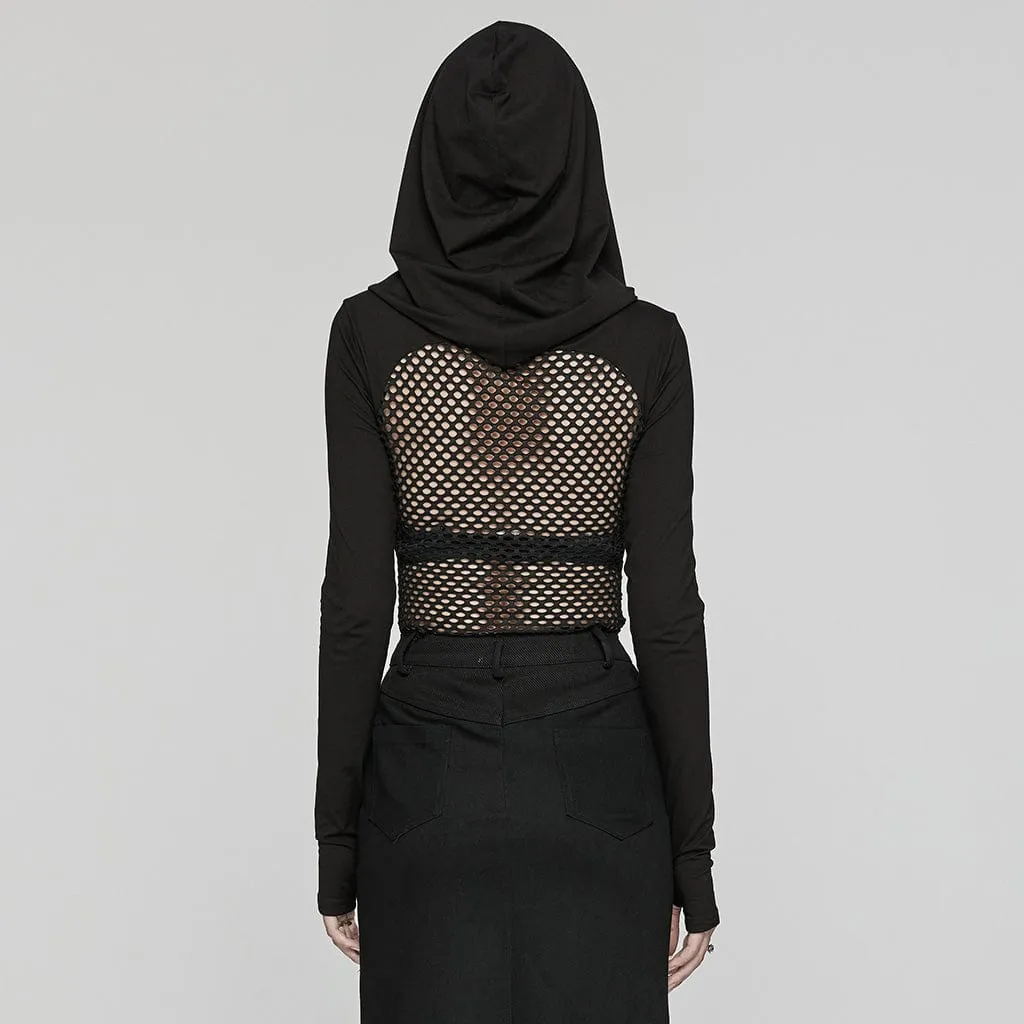 Women's Punk Mesh Splice Sheer Hoodies