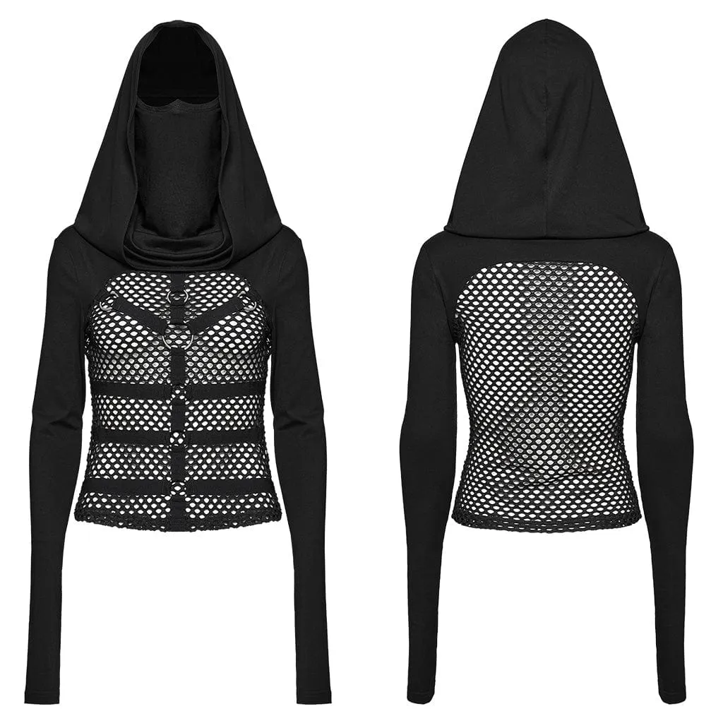Women's Punk Mesh Splice Sheer Hoodies